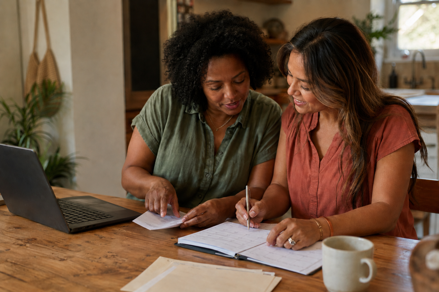Two adults working together with a laptop, calendar, and paperwork at a kitchen table